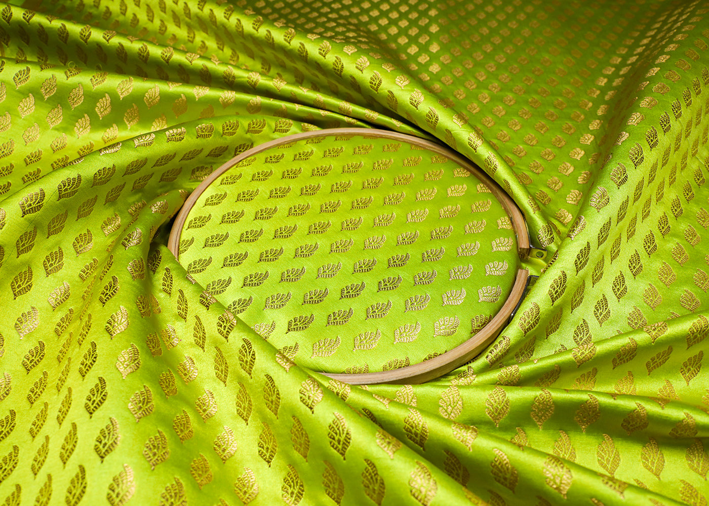 Parrot Green Banarasi Brocade Fabric With All Over Golden Zari Handloom  16936