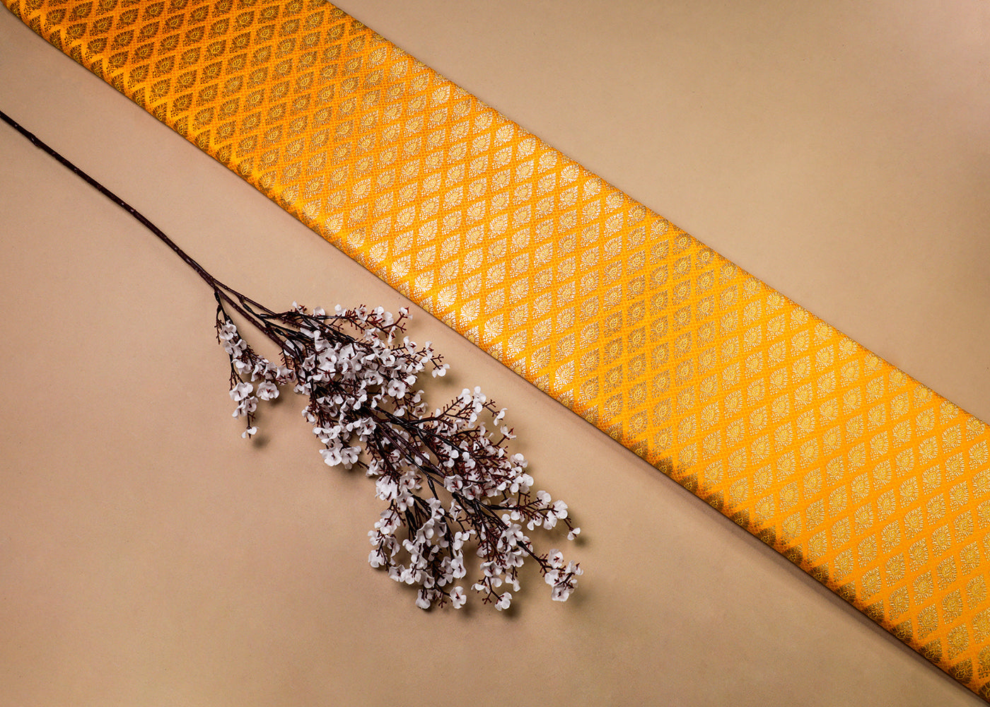 Mustard Banarasi Brocade Fabric With All Over Thread And Golden Zari Handloom 16938