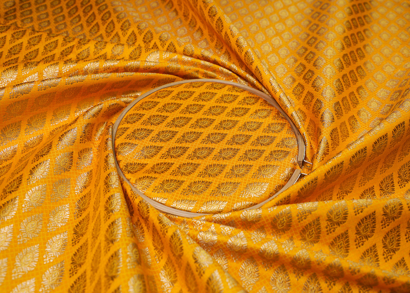 Mustard Banarasi Brocade Fabric With All Over Thread And Golden Zari Handloom 16938