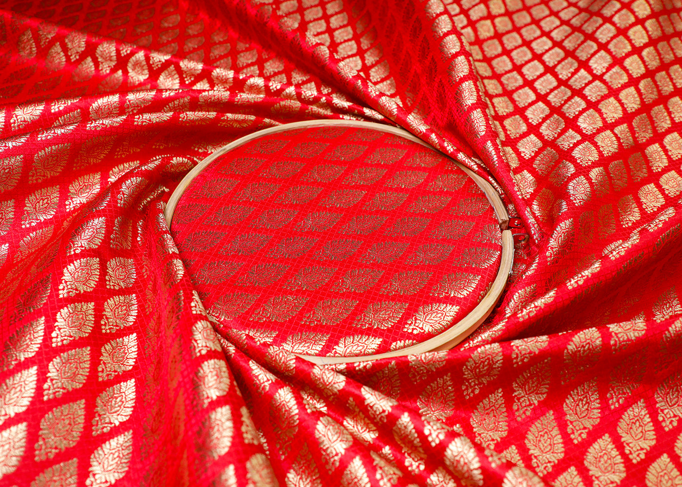 Red Banarasi Brocade Fabric With All Over Thread And Golden Zari Handloom 16940