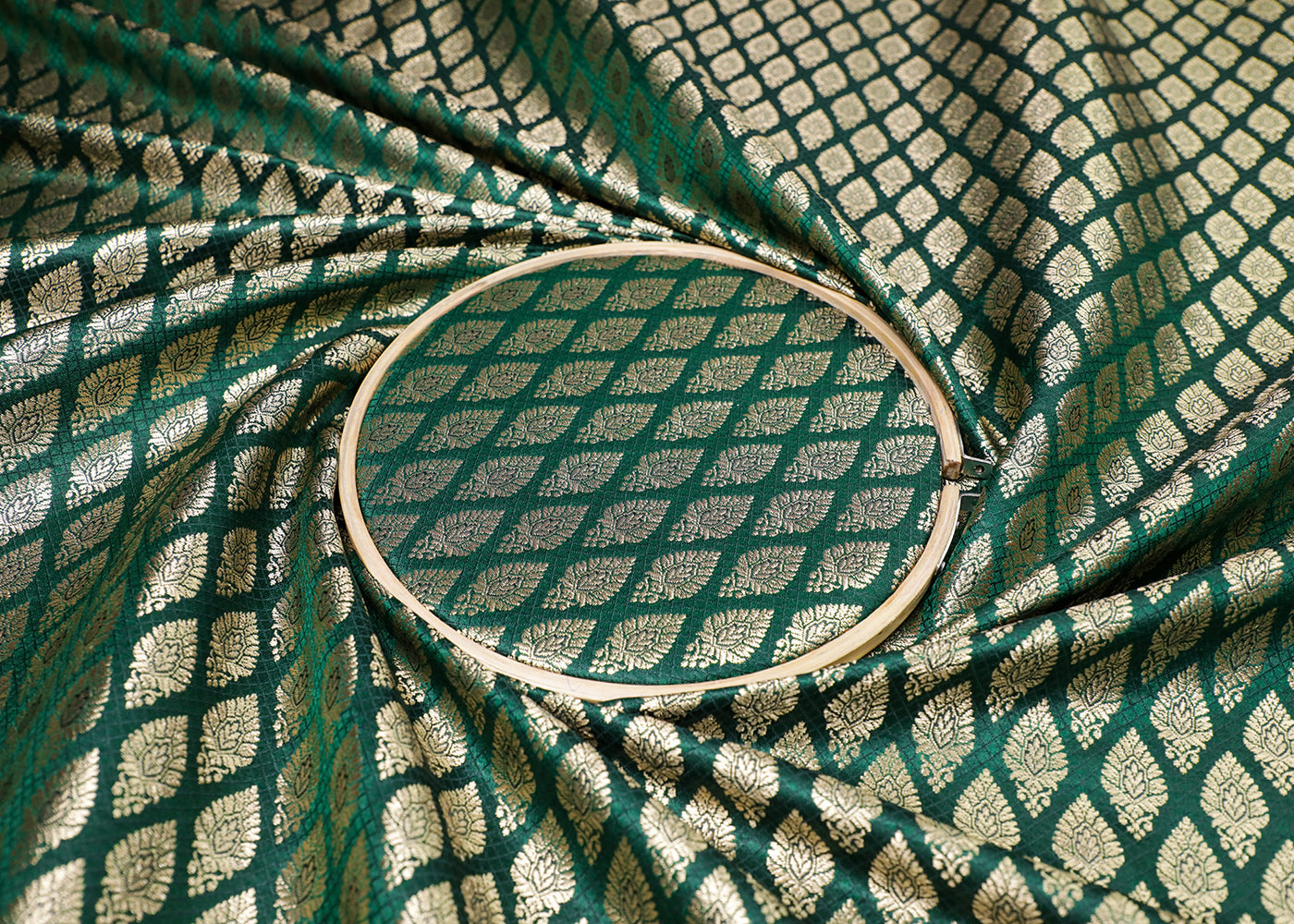 Bottle Green Banarasi Brocade Fabric With All Over Thread And Golden Zari Handloom 16941