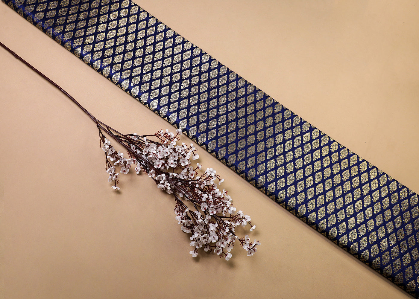 Navy Blue Banarasi Brocade Fabric With All Over Thread And Golden Zari Handloom 16942