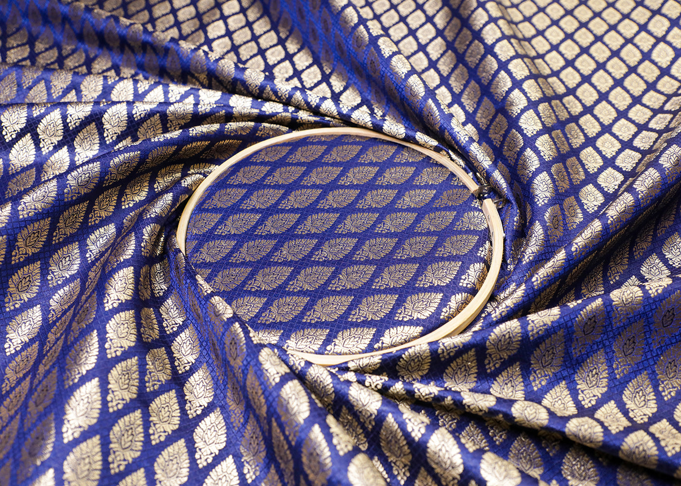Navy Blue Banarasi Brocade Fabric With All Over Thread And Golden Zari Handloom 16942