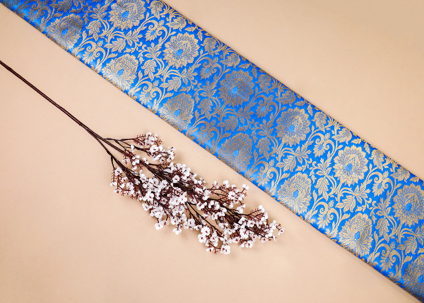 Blue Banarasi Brocade Fabric With All Over Thread And Golden Zari Handloom 16943