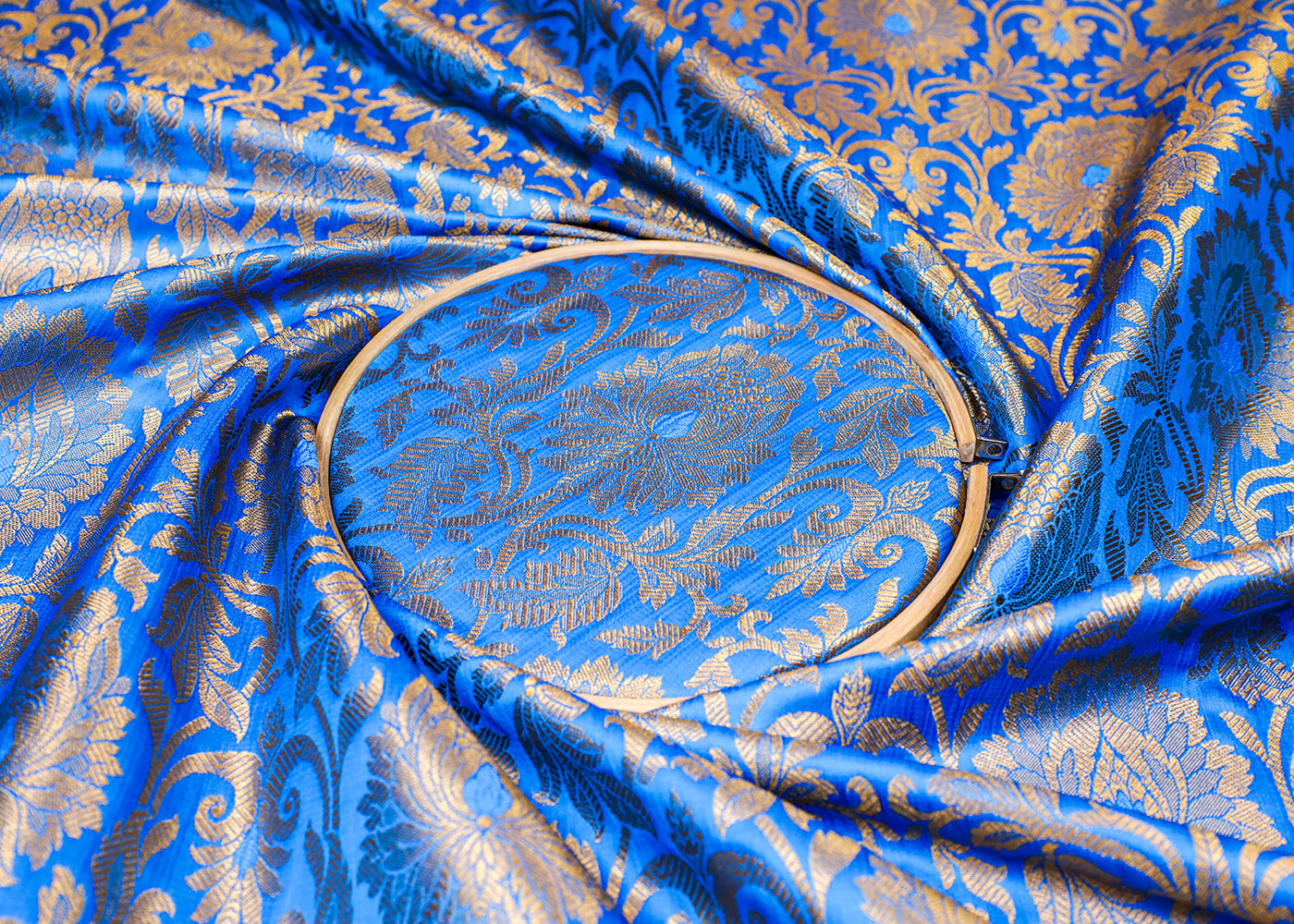 Blue Banarasi Brocade Fabric With All Over Thread And Golden Zari Handloom 16943