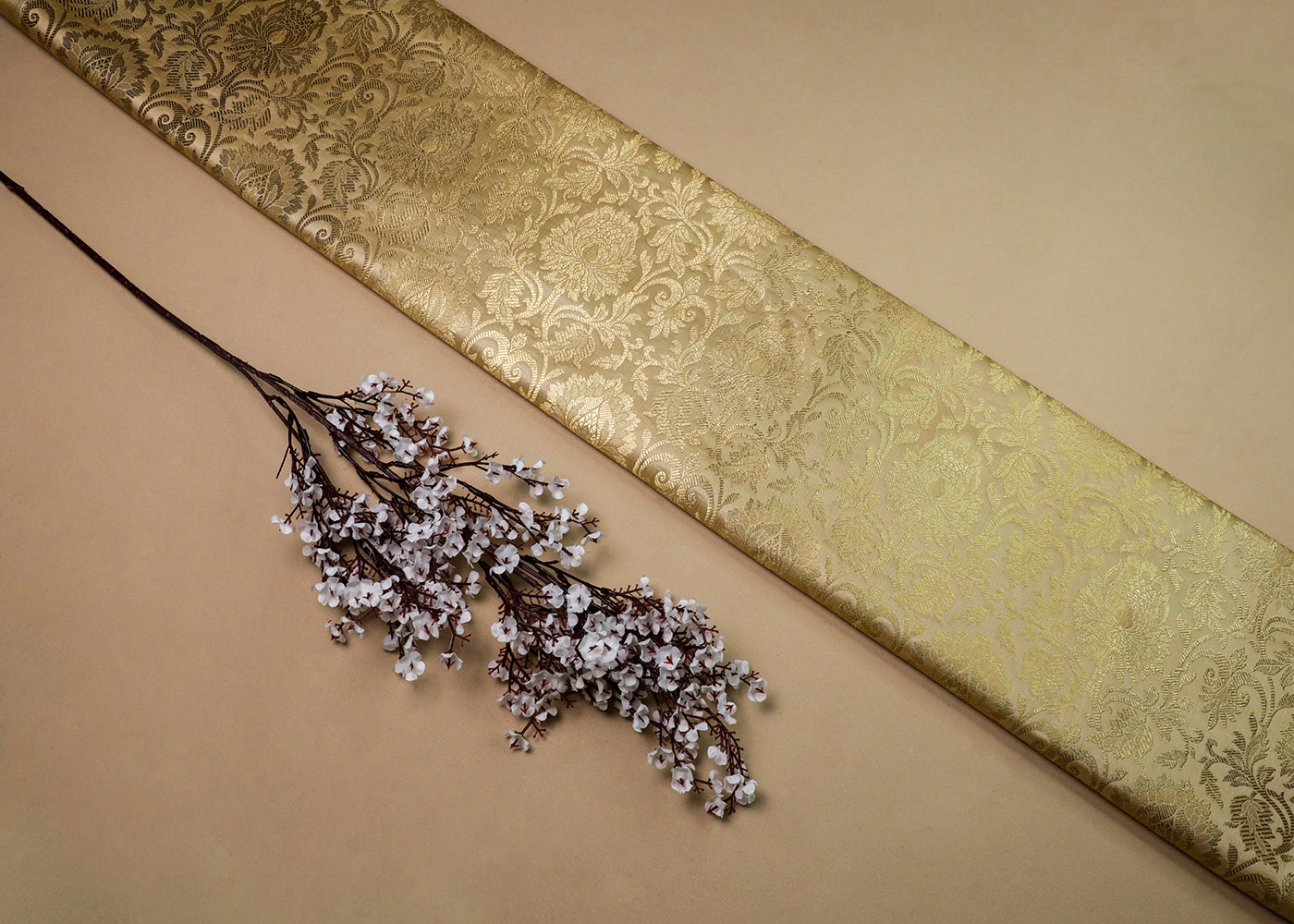 Golden Banarasi Brocade Fabric With All Over Thread And Golden Zari Handloom 16944