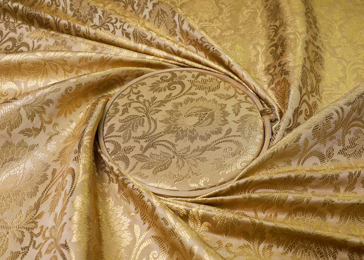 Golden Banarasi Brocade Fabric With All Over Thread And Golden Zari Handloom 16944