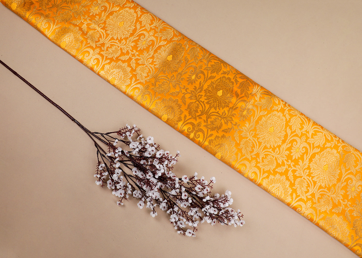 Mustard Banarasi Brocade Fabric With All Over Thread And Golden Zari Handloom 16945