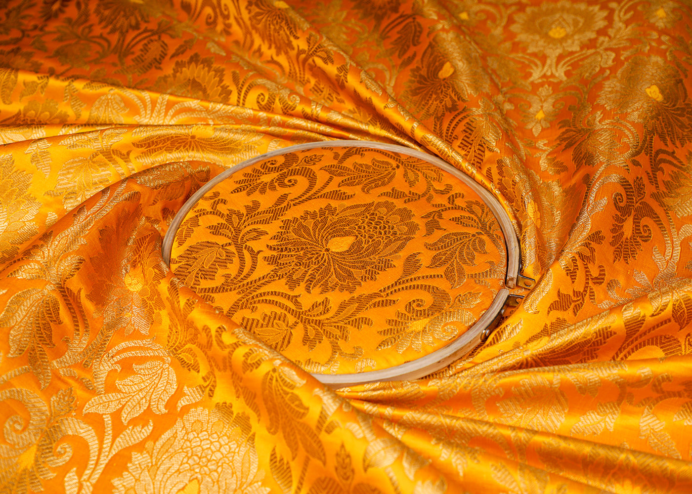 Mustard Banarasi Brocade Fabric With All Over Thread And Golden Zari Handloom 16945