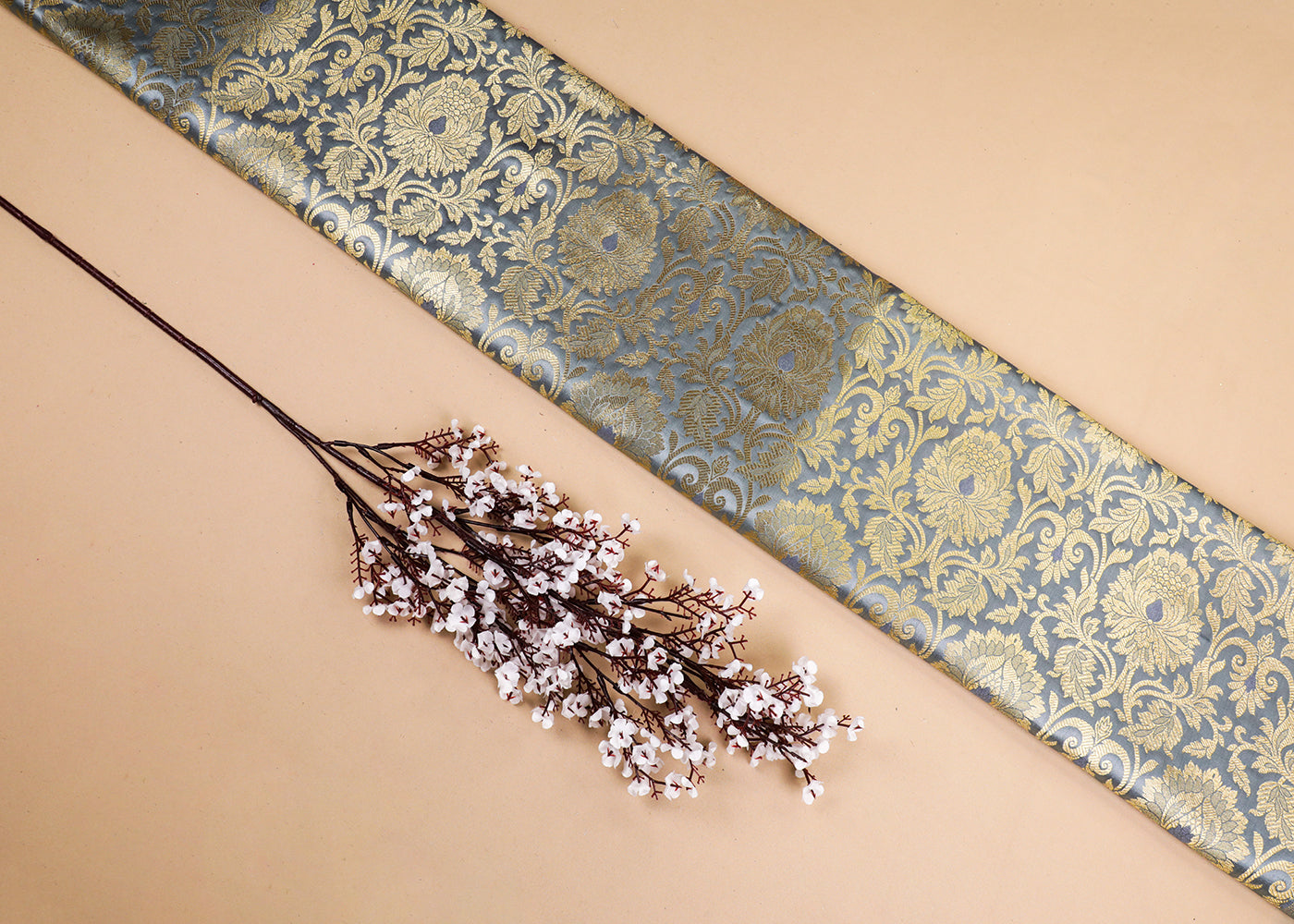 Grey Banarasi Brocade Fabric With All Over Thread And Golden Zari Handloom 16946