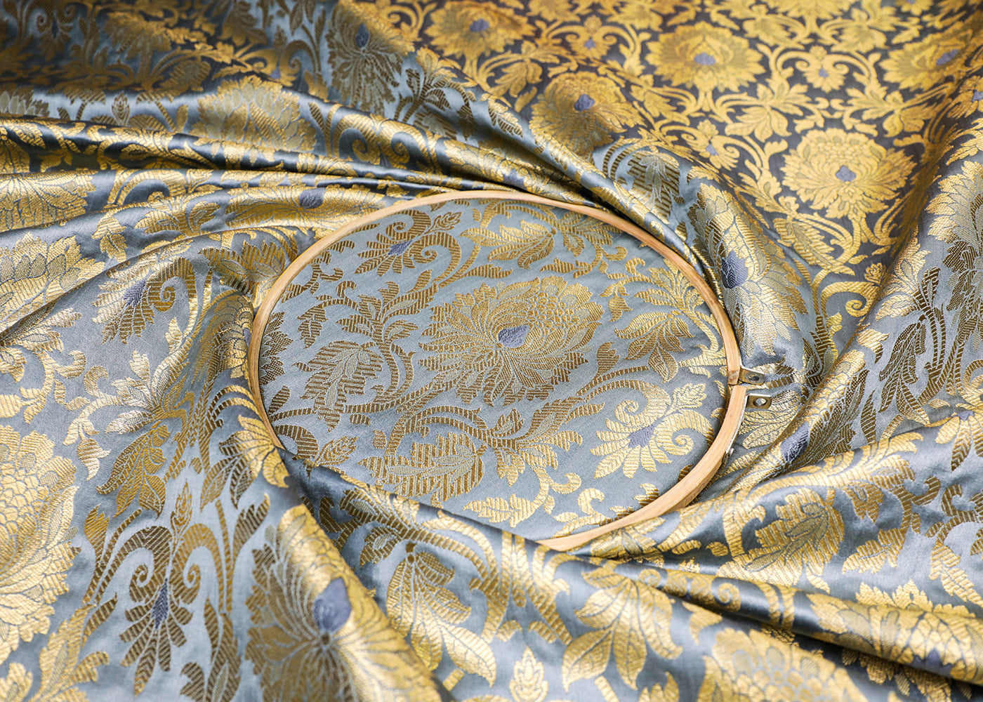 Grey Banarasi Brocade Fabric With All Over Thread And Golden Zari Handloom 16946