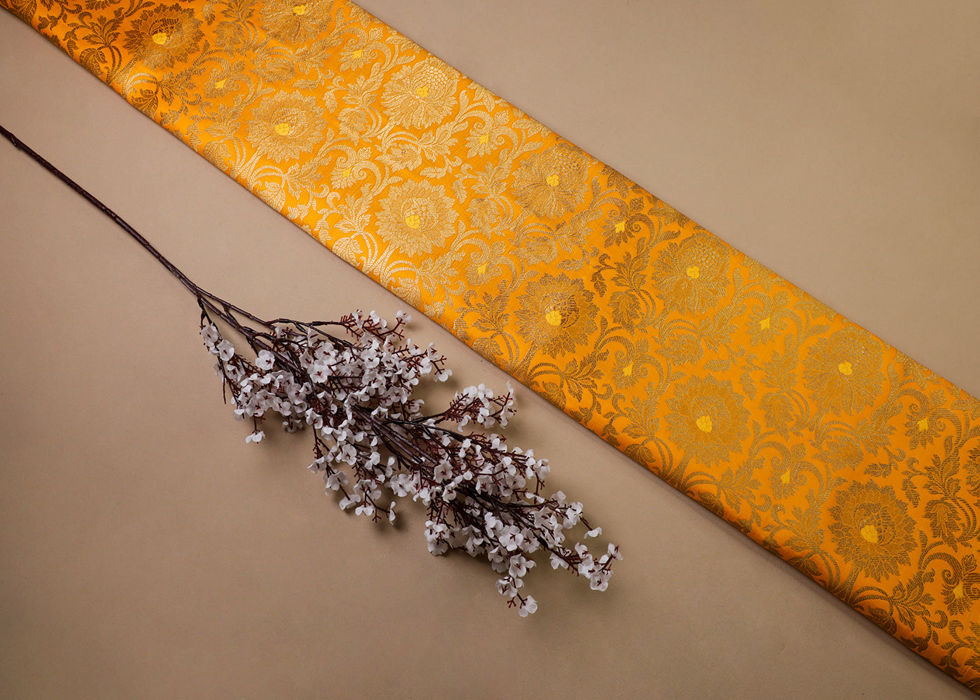 Mustard Banarasi Brocade Fabric With All Over Thread And Golden Zari Handloom 16947
