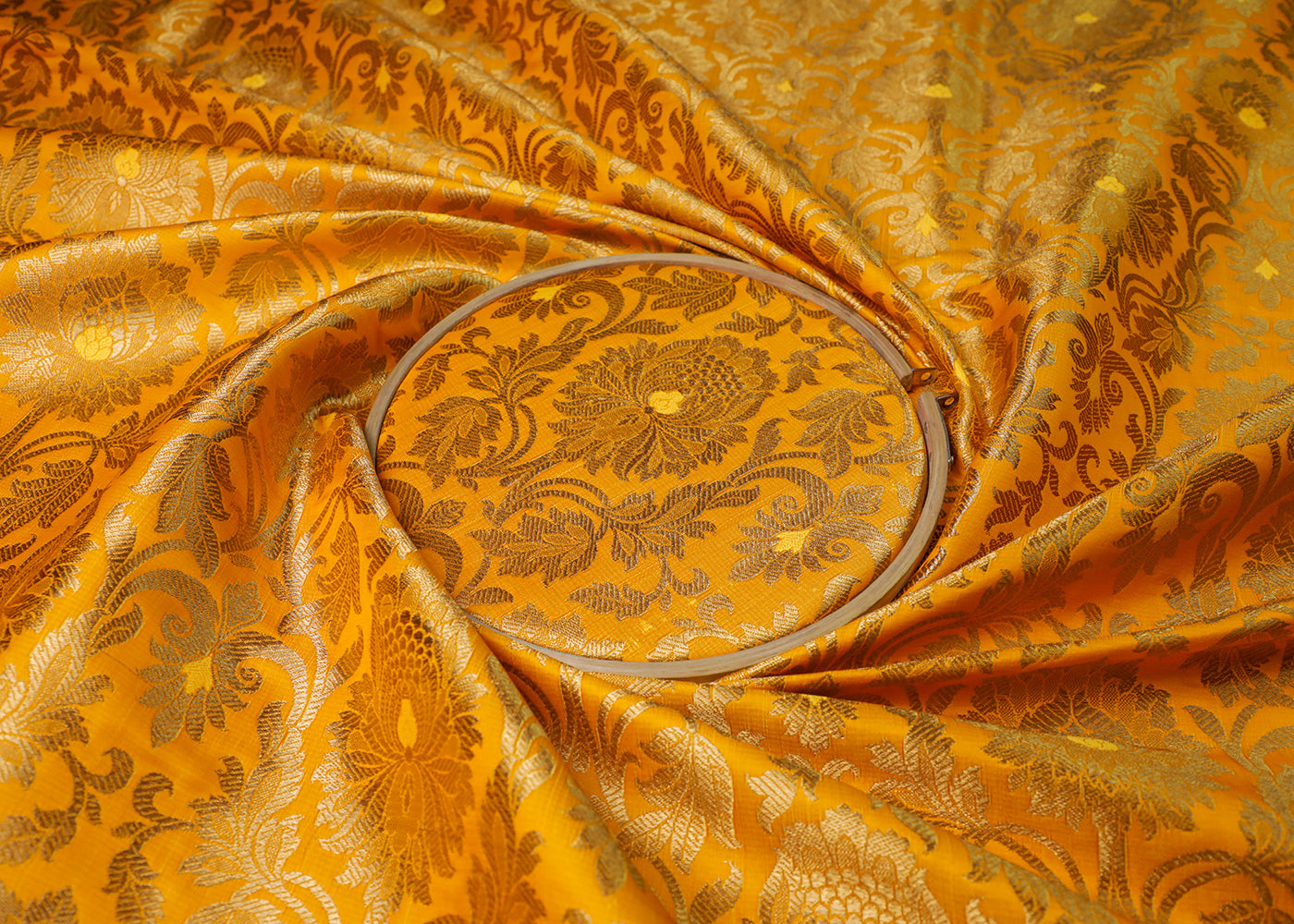Mustard Banarasi Brocade Fabric With All Over Thread And Golden Zari Handloom 16947