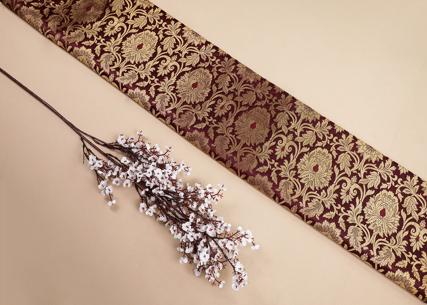 Deep Maroon Banarasi Brocade Fabric With All Over Thread And Golden Zari Handloom 16948