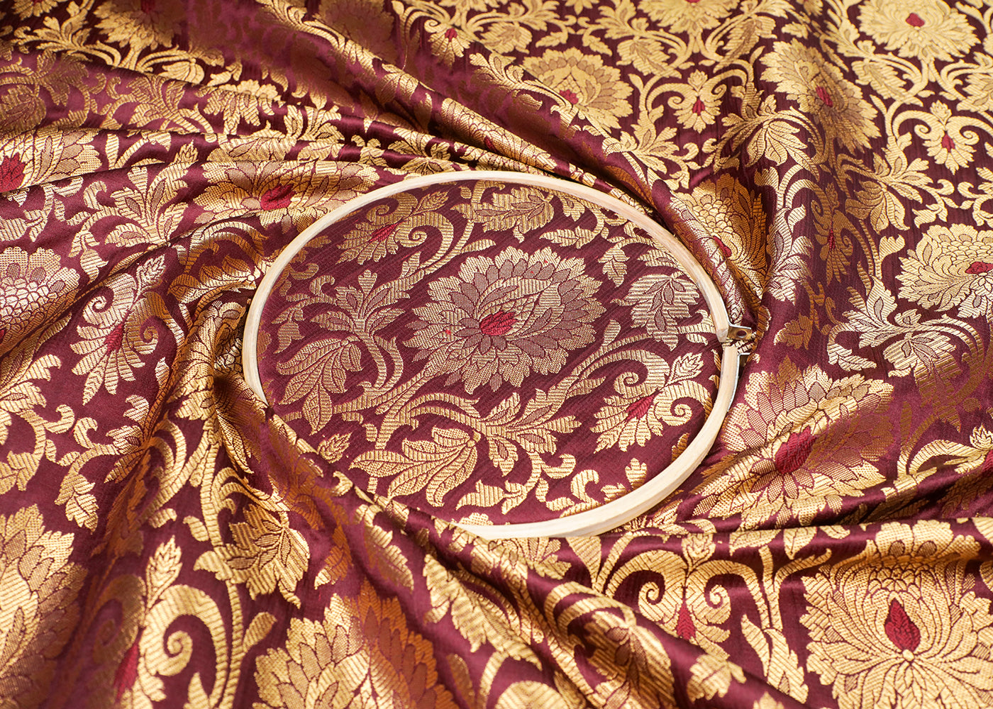 Deep Maroon Banarasi Brocade Fabric With All Over Thread And Golden Zari Handloom 16948