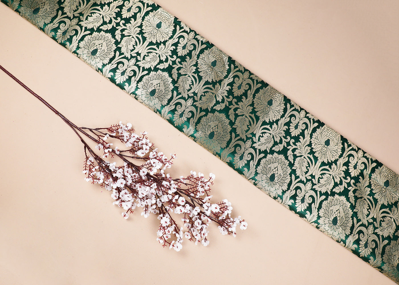 Bottle Green Banarasi Brocade Fabric With All Over Thread And Golden Zari Handloom 16949