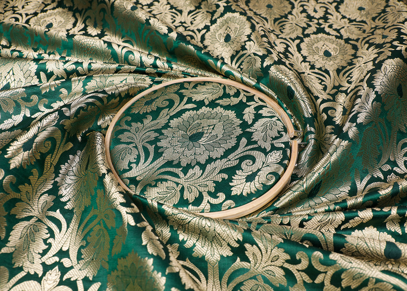 Bottle Green Banarasi Brocade Fabric With All Over Thread And Golden Zari Handloom 16949