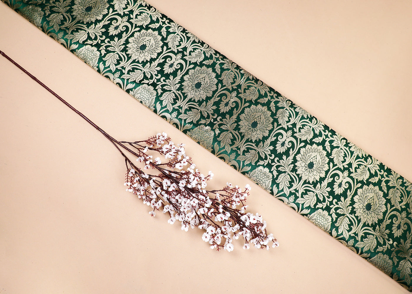 Green Banarasi Brocade Fabric With All Over Thread And Golden Zari Handloom 16950