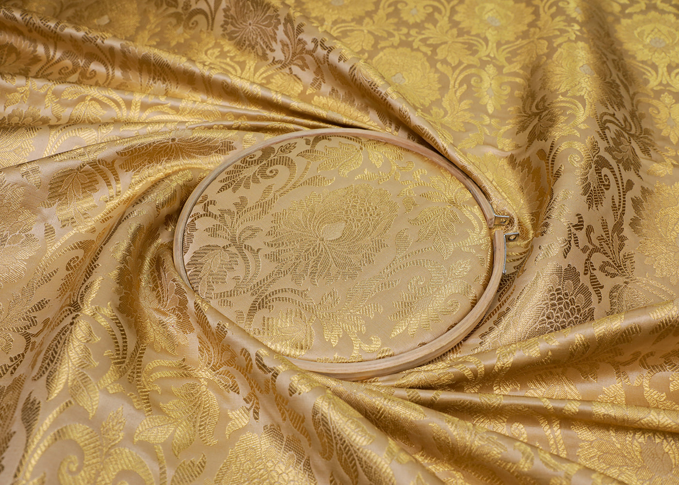Golden Banarasi Brocade Fabric With All Over Thread And Golden Zari Handloom 16951
