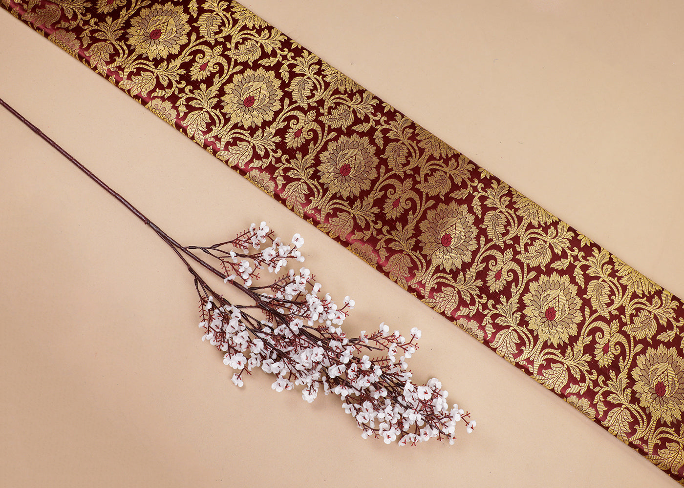 Maroon Banarasi Brocade Fabric With All Over Thread And Golden Zari Handloom 16952