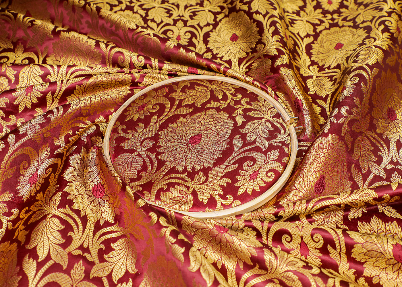 Maroon Banarasi Brocade Fabric With All Over Thread And Golden Zari Handloom 16952