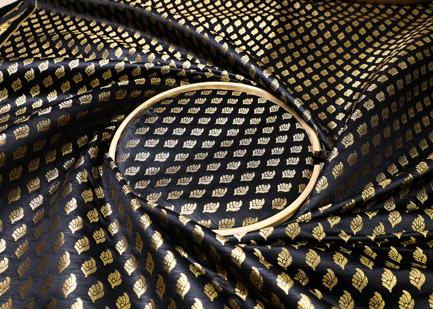 Black Banarasi Brocade Fabric With All Over Golden Zari Handloom  16953