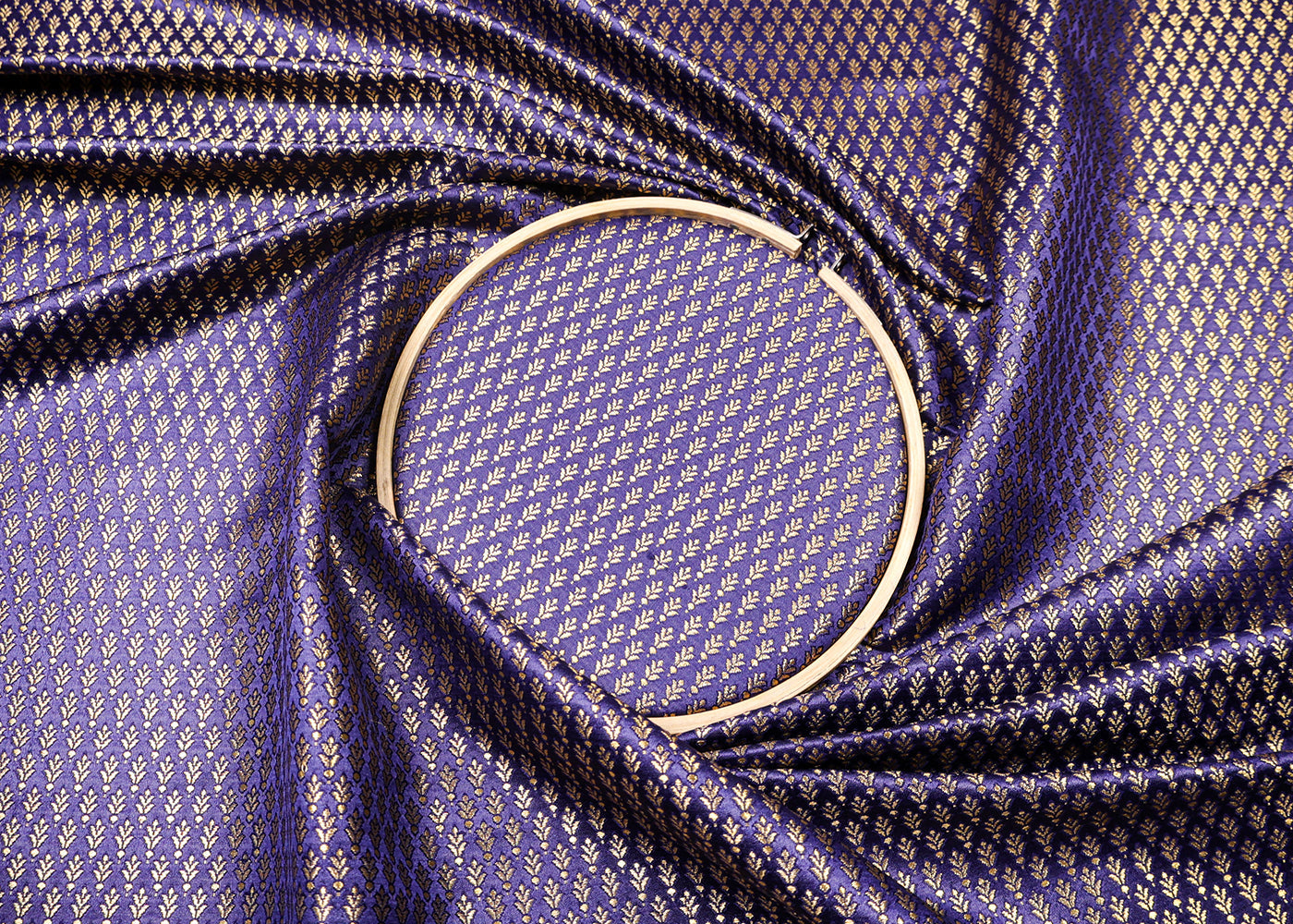 Navy Blue Banarasi Brocade Fabric With All Over Golden Zari Handloom  16955