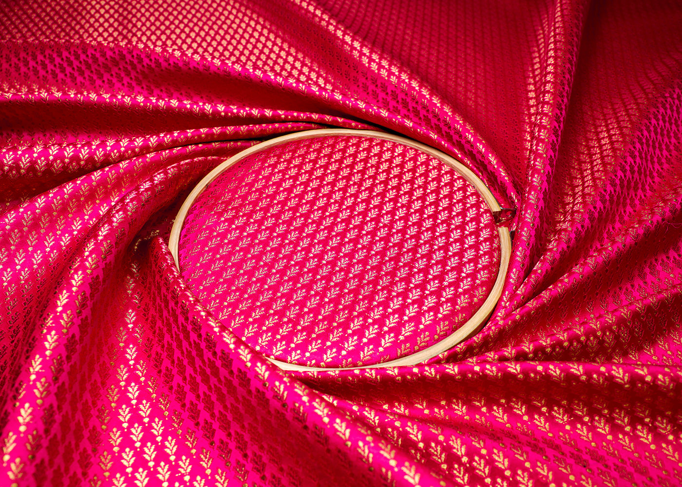Rani Pink Banarasi Brocade Fabric With All Over Golden Zari Handloom  16957