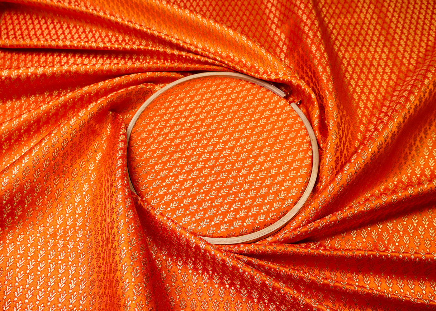 Orange Banarasi Brocade Fabric With All Over Golden Zari Handloom  16958