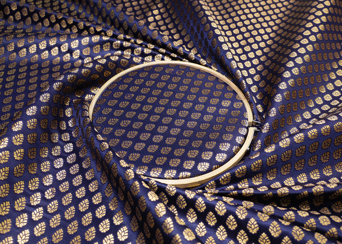 Navy Blue Banarasi Brocade Fabric With All Over Golden Zari Handloom 16960