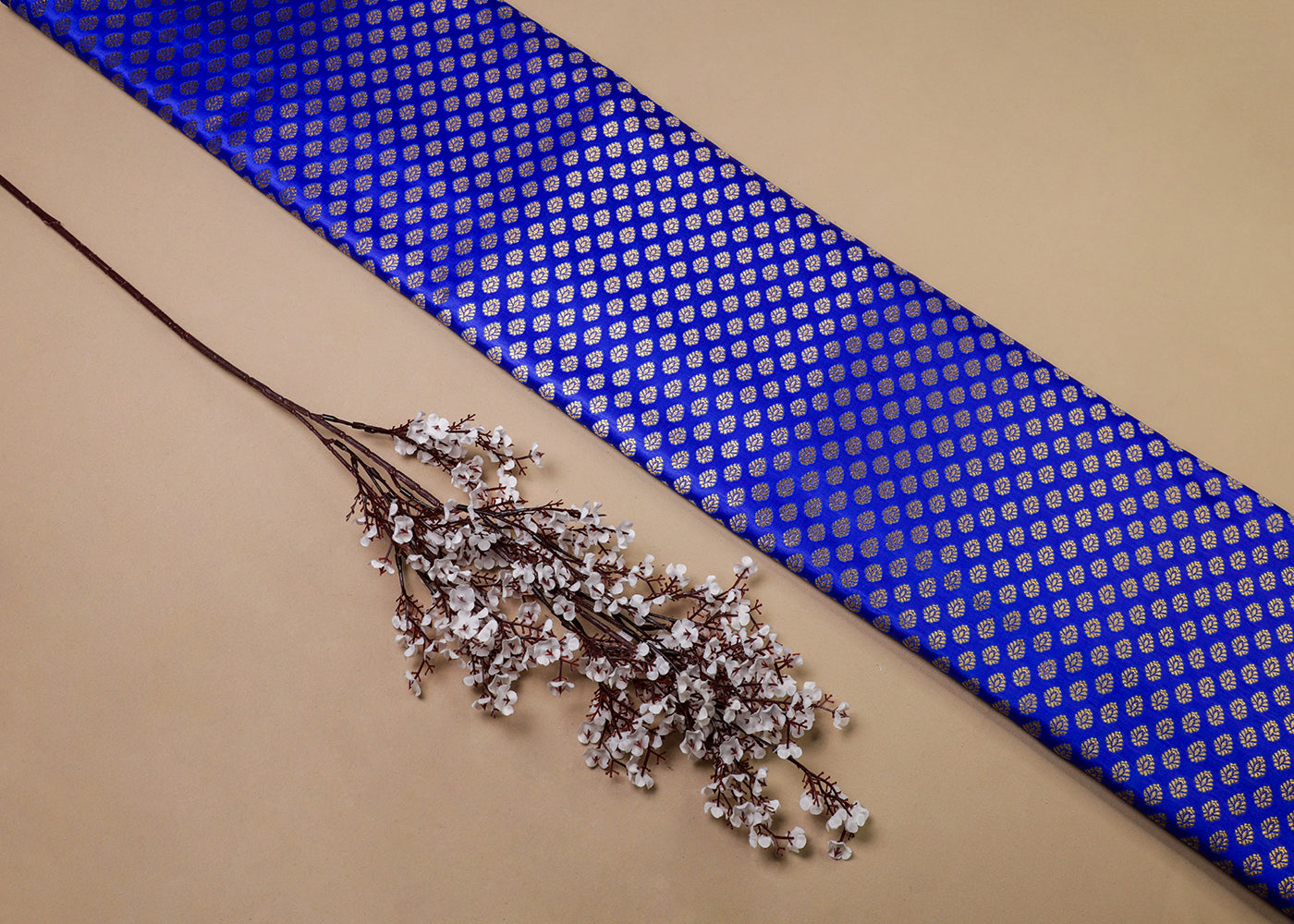Royal Blue Banarasi Brocade Fabric With All Over Golden Zari Handloom 16961