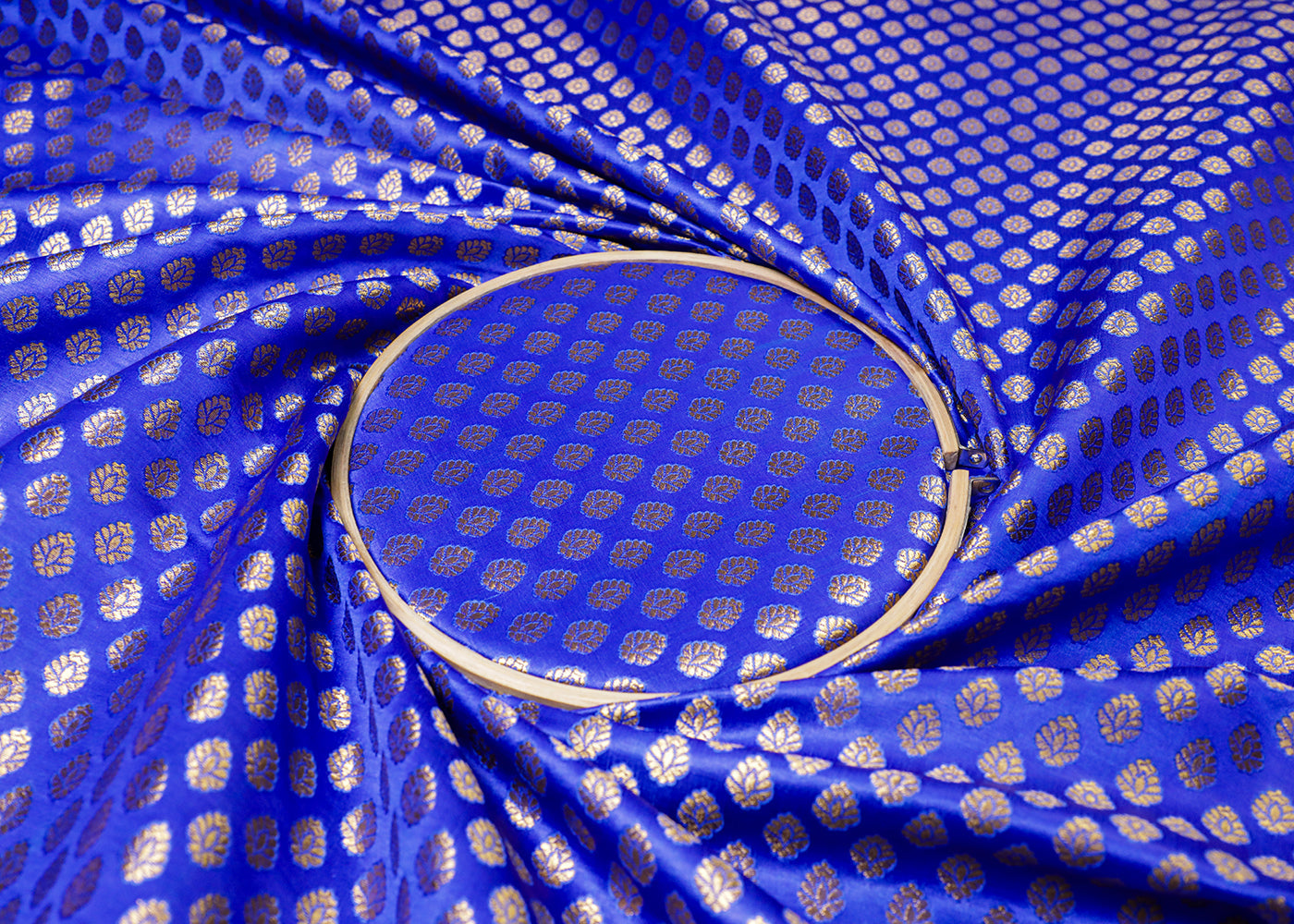 Royal Blue Banarasi Brocade Fabric With All Over Golden Zari Handloom 16961