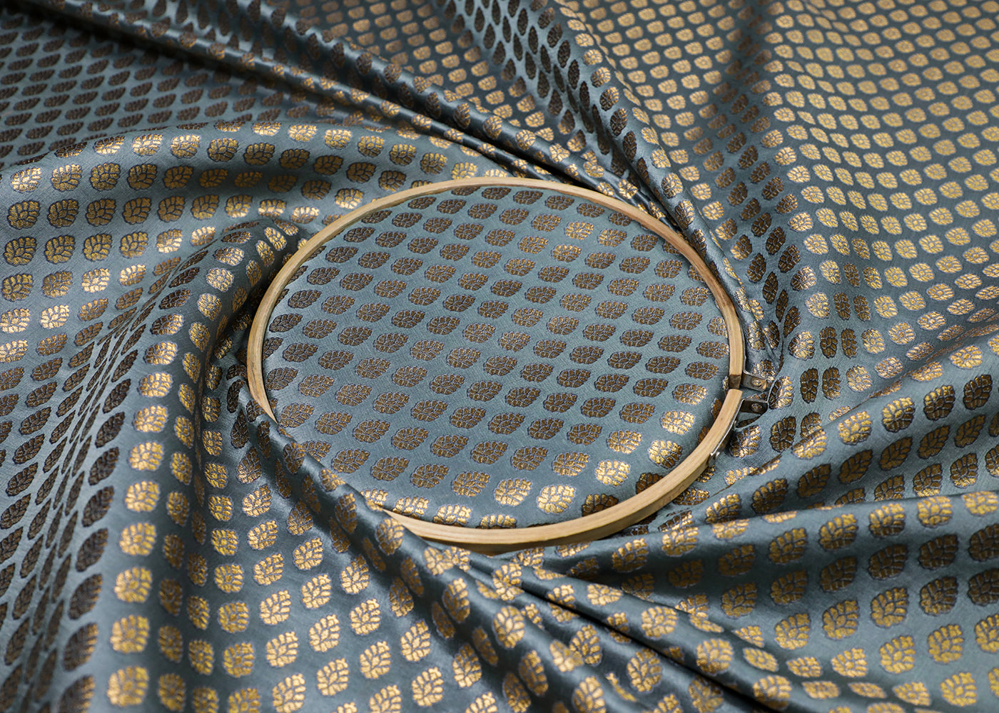 Grey Banarasi Brocade Fabric With All Over Golden Zari Handloom 16964