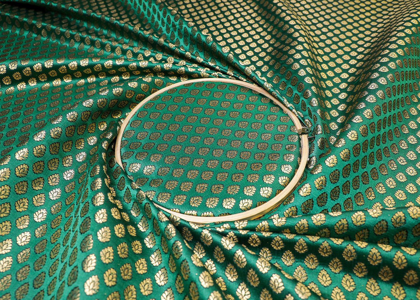 Green Banarasi Brocade Fabric With All Over Golden Zari Handloom 16967