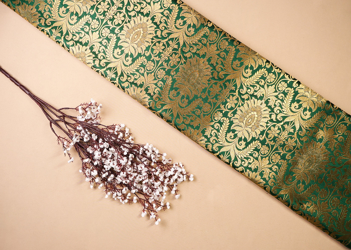 Bottle Green Banarasi Brocade Fabric With All Over Thread And Golden Zari Handloom 16968