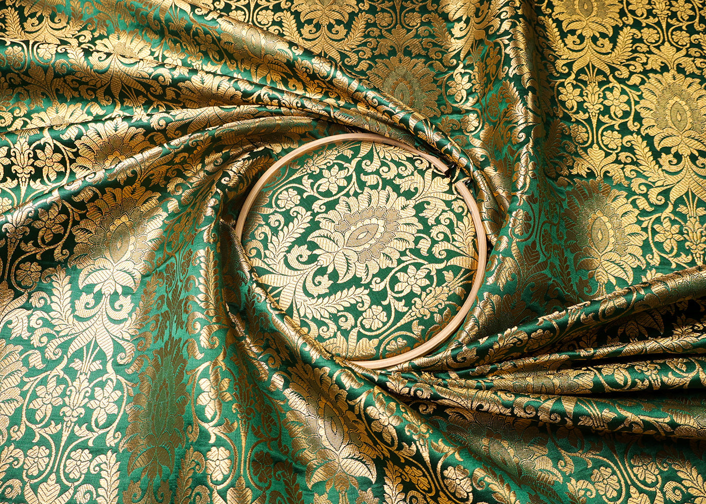 Bottle Green Banarasi Brocade Fabric With All Over Thread And Golden Zari Handloom 16968