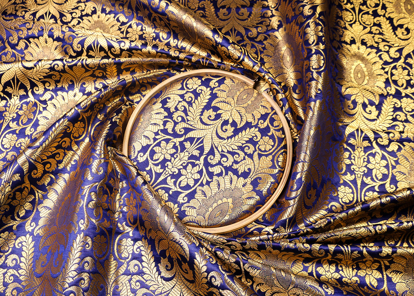 Navy Blue Banarasi Brocade Fabric With All Over Thread And Golden Zari Handloom 16969