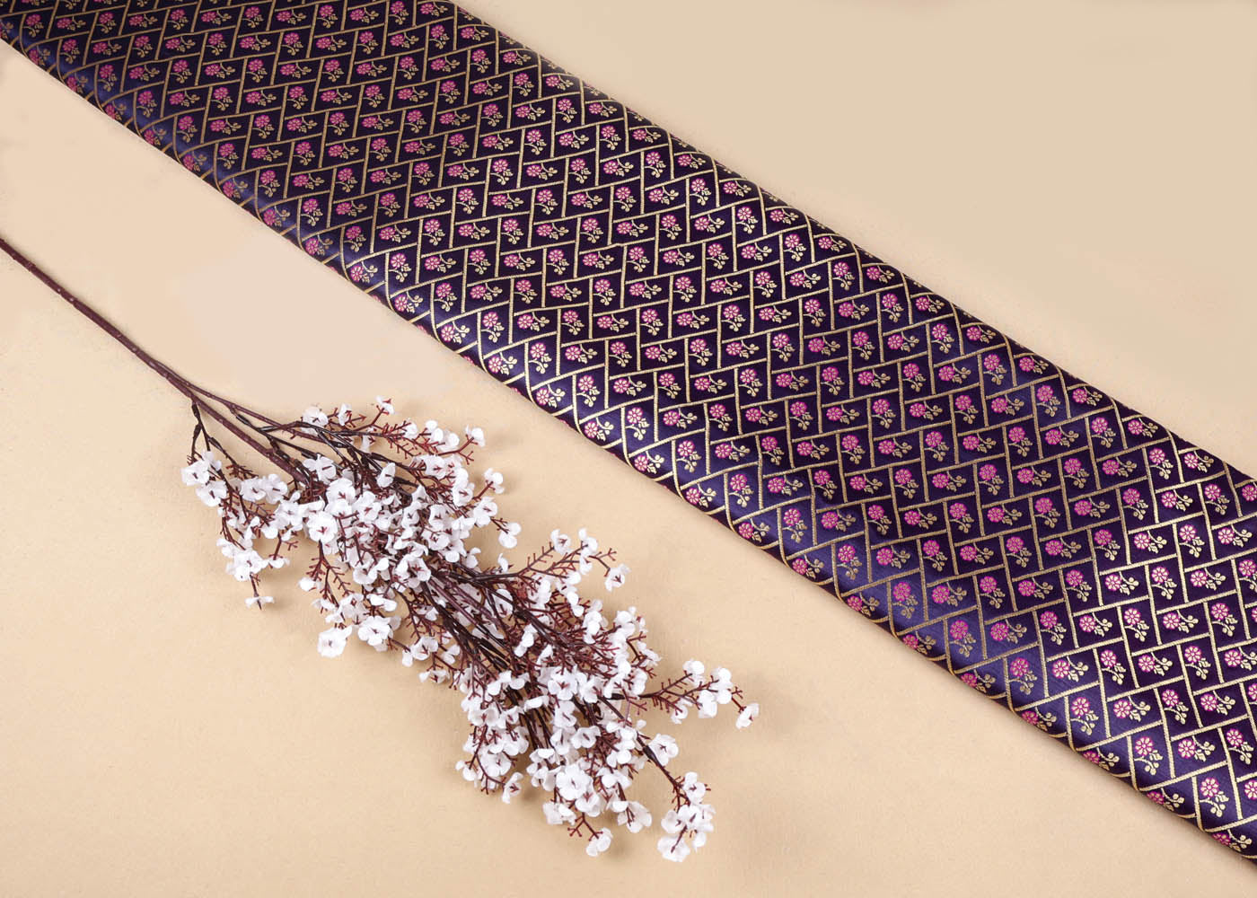 Purple Banarasi Brocade Fabric With All Over Golden Zari Handloom 16970