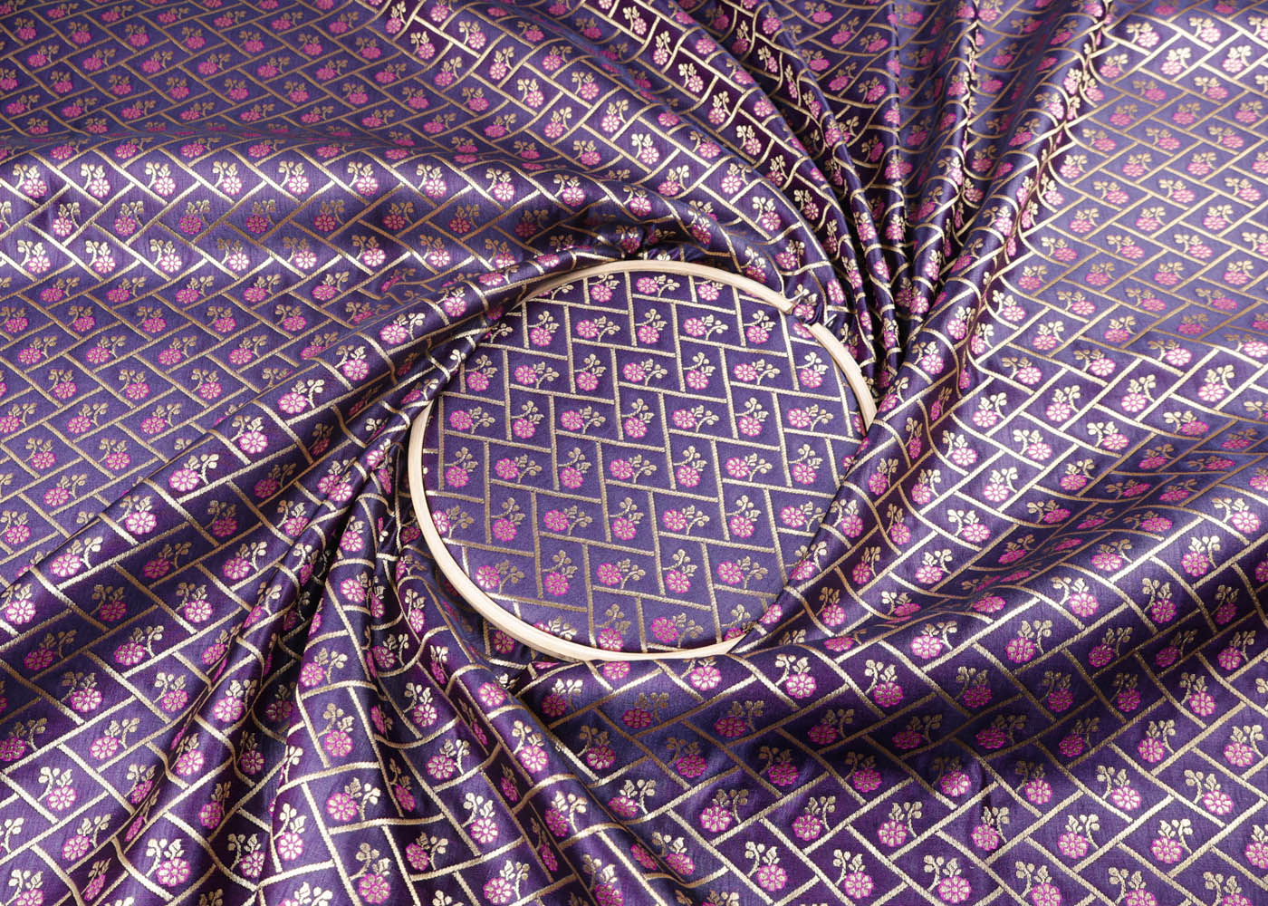 Purple Banarasi Brocade Fabric With All Over Golden Zari Handloom 16970