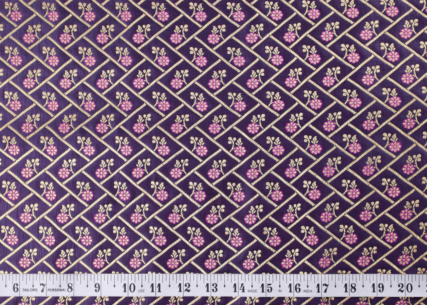 Purple Banarasi Brocade Fabric With All Over Golden Zari Handloom 16970