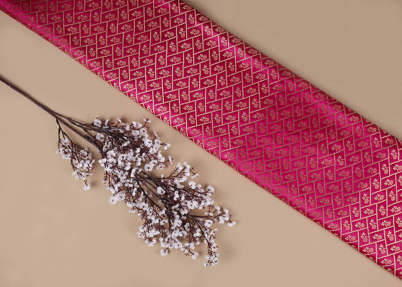 Magenta Banarasi Brocade Fabric With All Over Golden Zari Handloom 16971