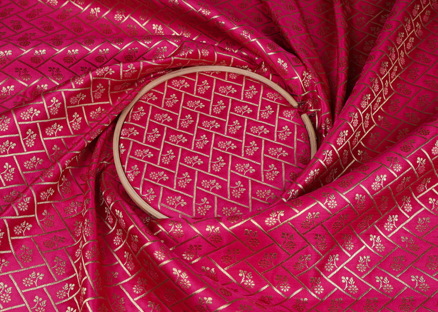 Magenta Banarasi Brocade Fabric With All Over Golden Zari Handloom 16971