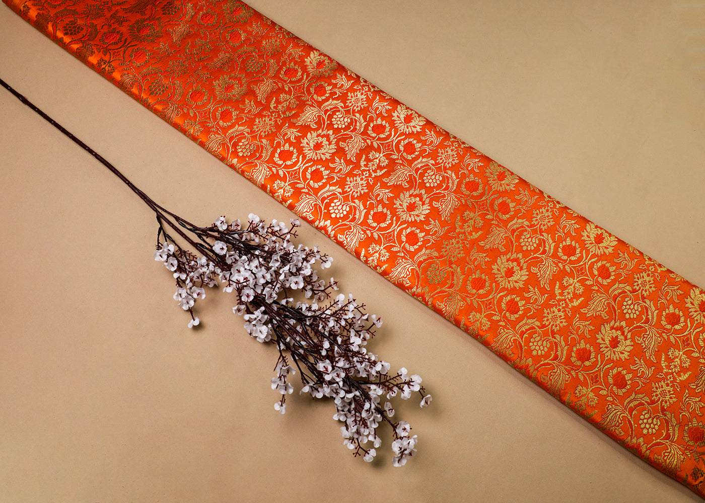 Orange Banarasi Brocade Fabric With All Over Thread And Golden Zari Handloom 16972