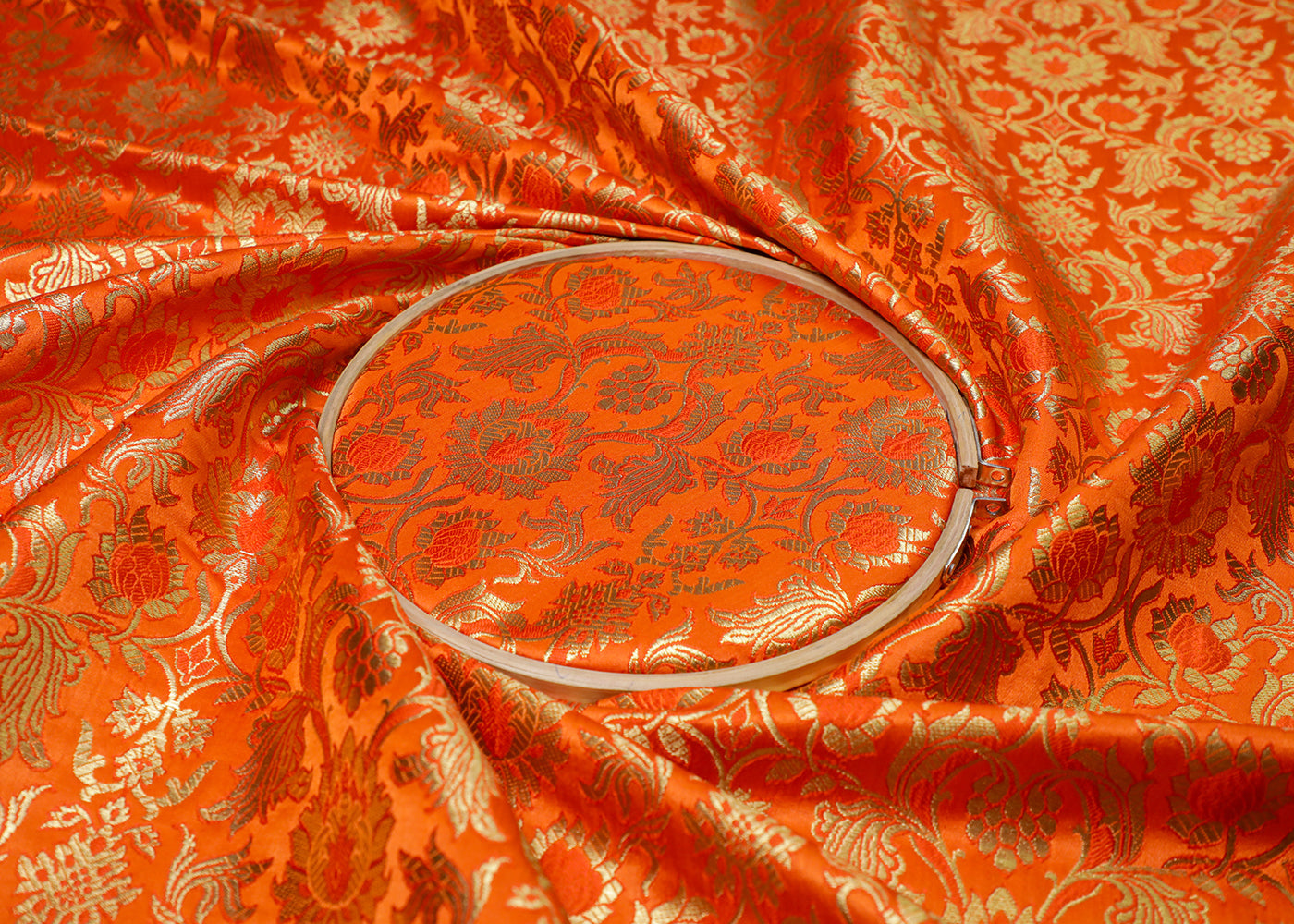Orange Banarasi Brocade Fabric With All Over Thread And Golden Zari Handloom 16972