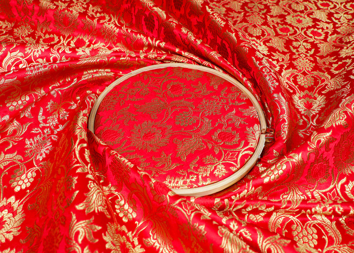 Red Banarasi Brocade Fabric With All Over Thread And Golden Zari Handloom 16973