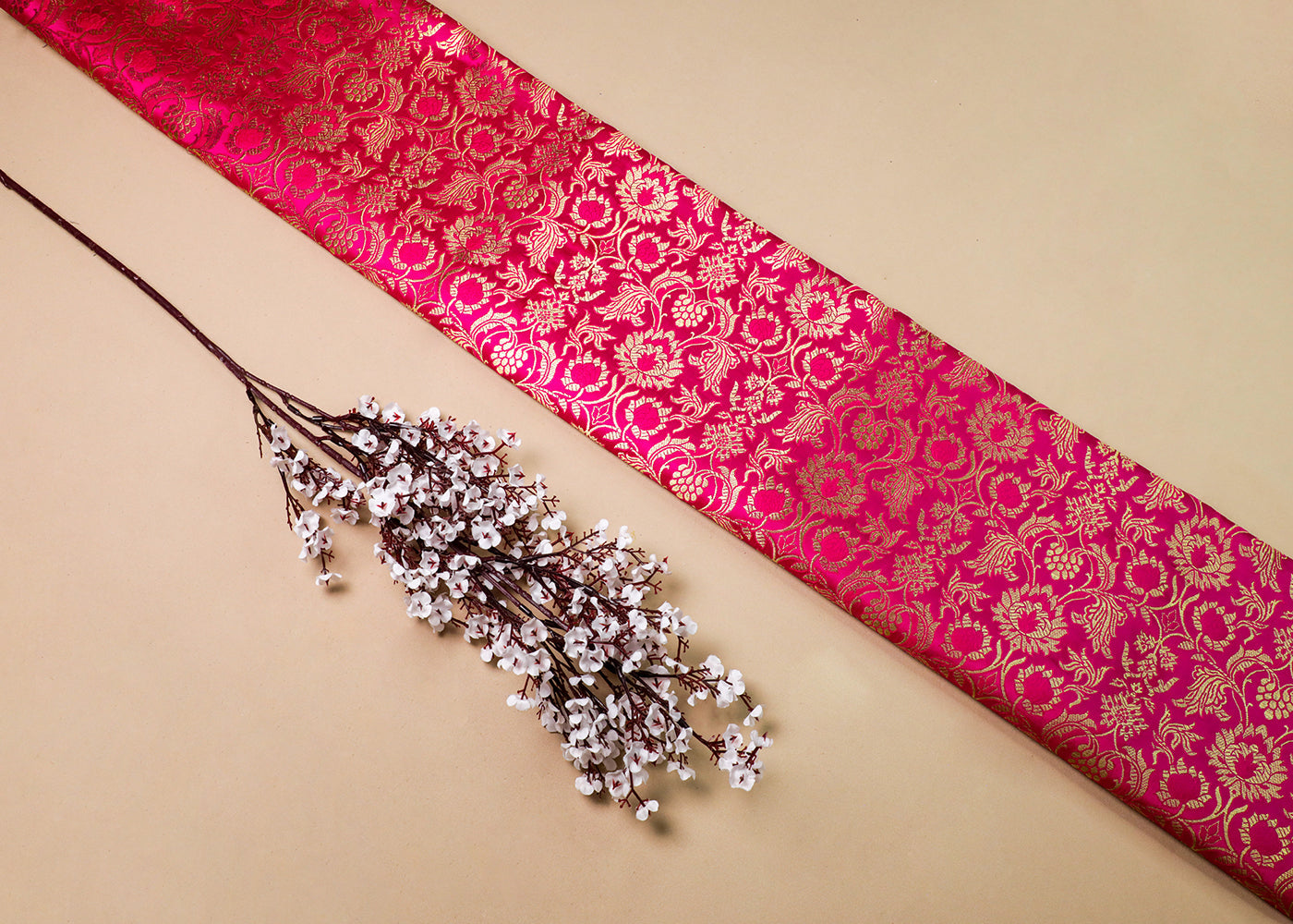 Magenta Banarasi Brocade Fabric With All Over Thread And Golden Zari Handloom 16974