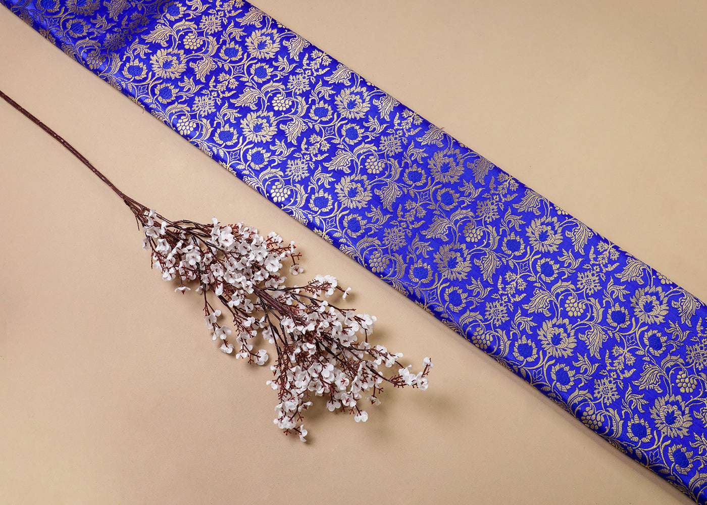 Royal Blue Banarasi Brocade Fabric With All Over Thread And Golden Zari Handloom 16975