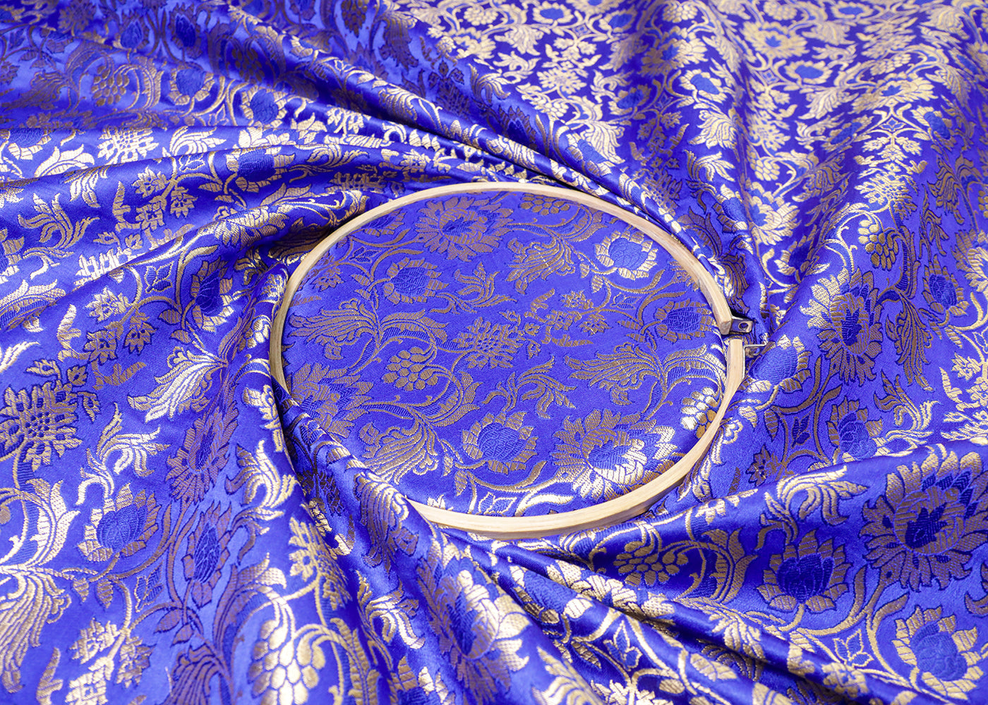 Royal Blue Banarasi Brocade Fabric With All Over Thread And Golden Zari Handloom 16975