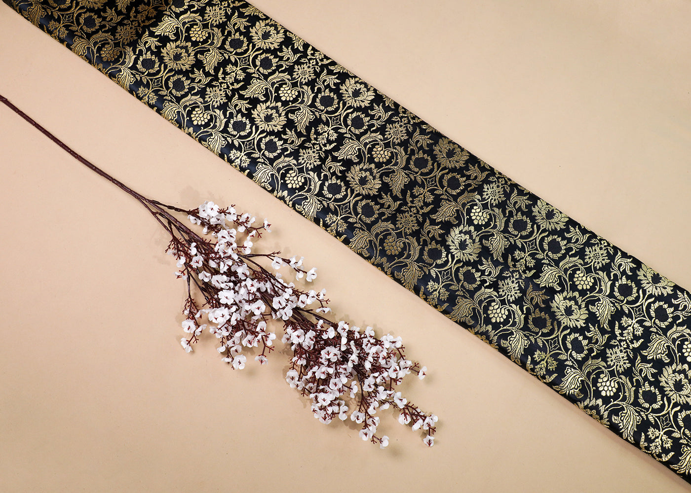 Black Banarasi Brocade Fabric With All Over Thread And Golden Zari Handloom 16976