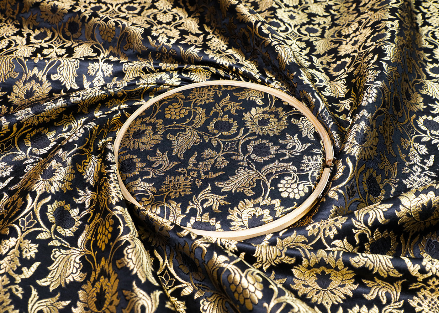 Black Banarasi Brocade Fabric With All Over Thread And Golden Zari Handloom 16976